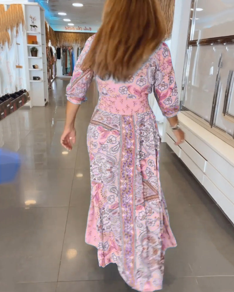 Sukienka Wakacyjna Damska Yelena – Zwiewna Sukienka z Dekoltem w Serek, Rękawem 3/4 i Eleganckim Krojem