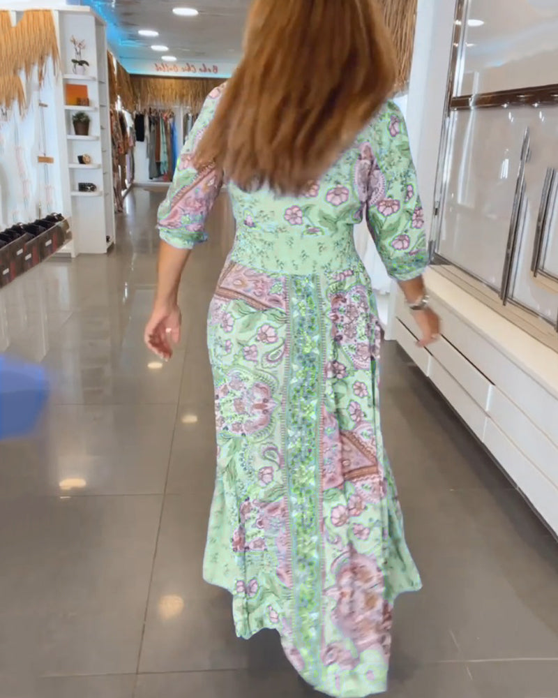 Sukienka Wakacyjna Damska Yelena – Zwiewna Sukienka z Dekoltem w Serek, Rękawem 3/4 i Eleganckim Krojem