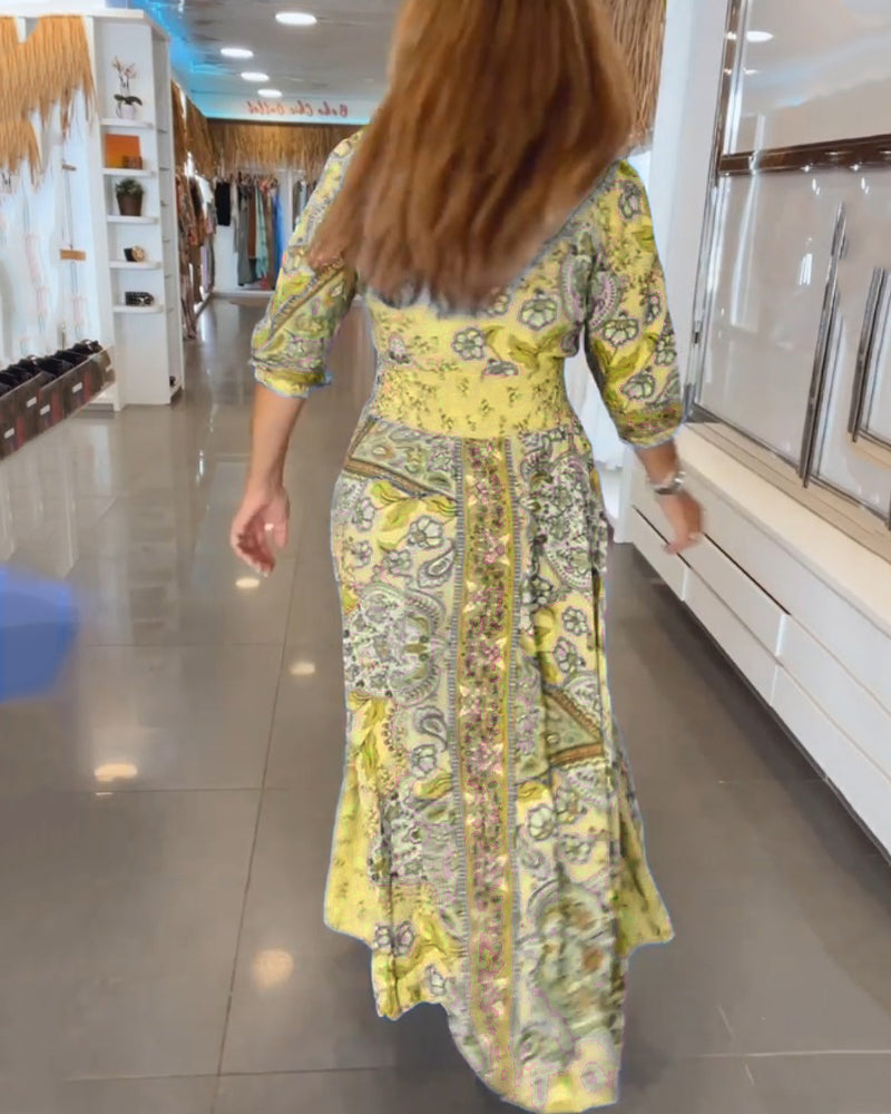 Sukienka Wakacyjna Damska Yelena – Zwiewna Sukienka z Dekoltem w Serek, Rękawem 3/4 i Eleganckim Krojem