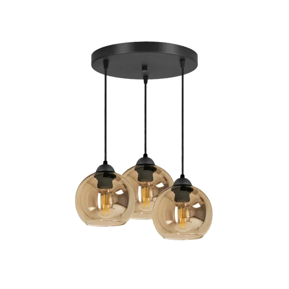 Lampa Wisząca 3-Punktowa Kule Szkło Dymione Czarna Nowoczesna LED Salon Jadalnia Amber