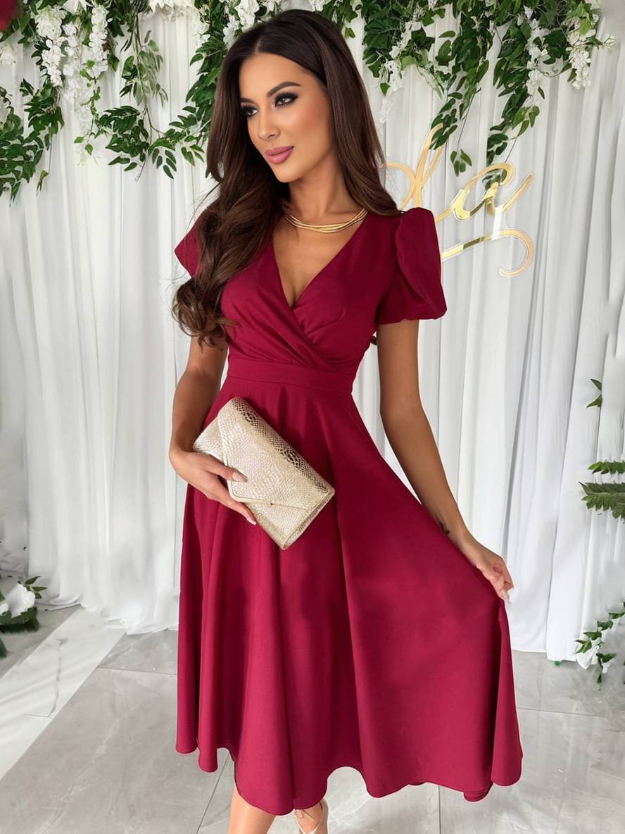 Julie Sukienka Damska – Elegancka Sukienka Druhny z Dekoltem w Serek, Krótkimi Bufiastymi Rękawami i Zwiewnym Krojem