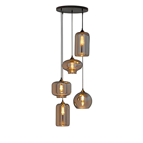 Lampa Wisząca 5-Punktowa Szklane Klosze Dymione Czarna Industrialna LED Salon Jadalnia