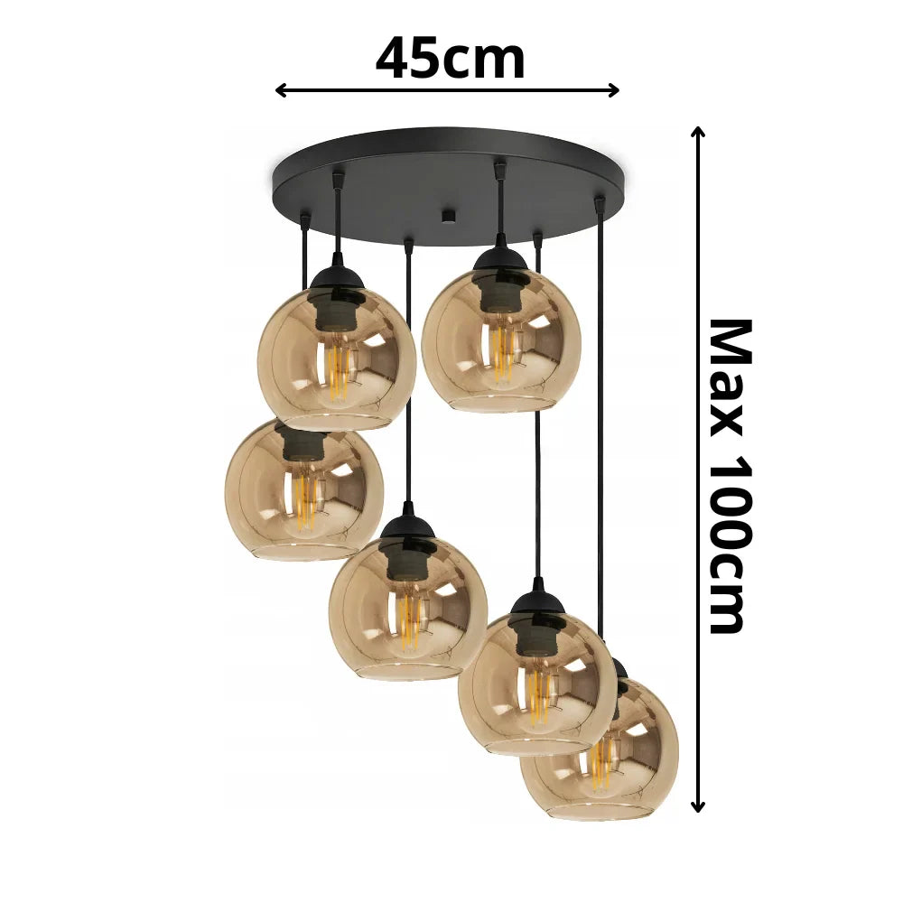 Lampa Wisząca 6-Punktowa Kule Szkło Bursztynowe Czarna Nowoczesna Salon Jadalnia LED