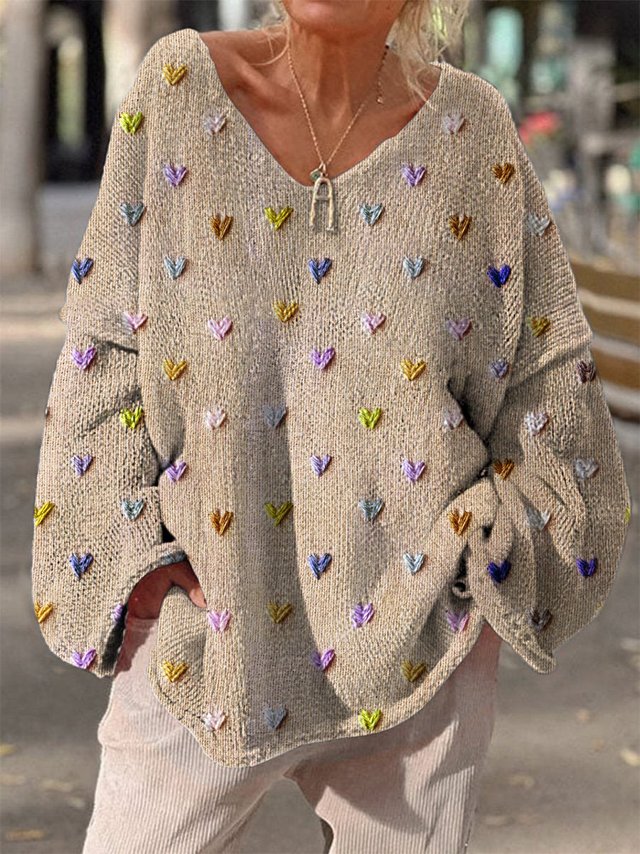 Yen Damski Sweter – Retro Boho Dziany Sweter z Dekoltem w Serek i Kwiatowym Wzorem na Jesienne Stylizacje