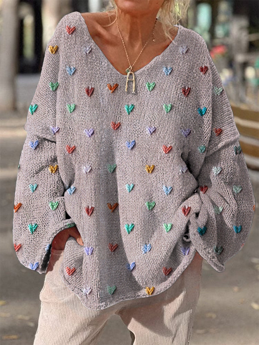 Yen Damski Sweter – Retro Boho Dziany Sweter z Dekoltem w Serek i Kwiatowym Wzorem na Jesienne Stylizacje