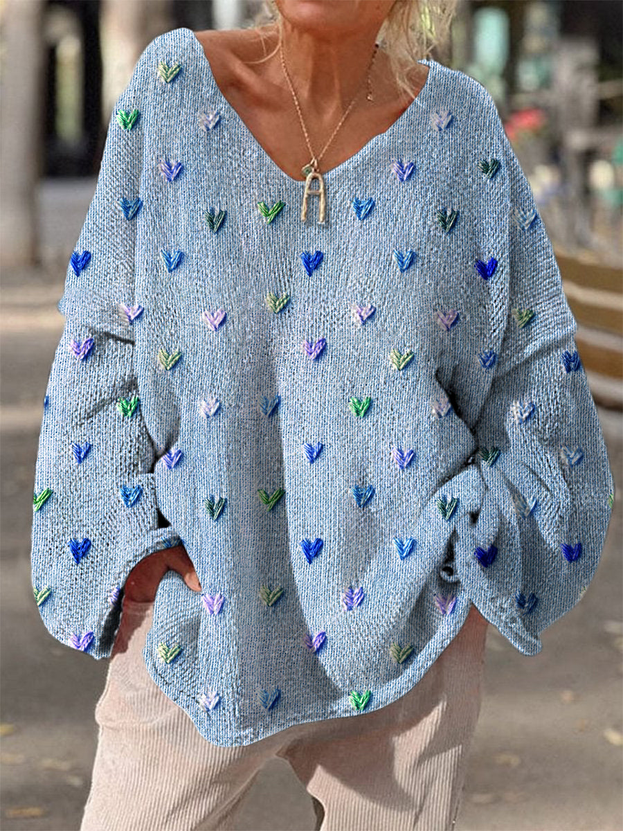 Yen Damski Sweter – Retro Boho Dziany Sweter z Dekoltem w Serek i Kwiatowym Wzorem na Jesienne Stylizacje