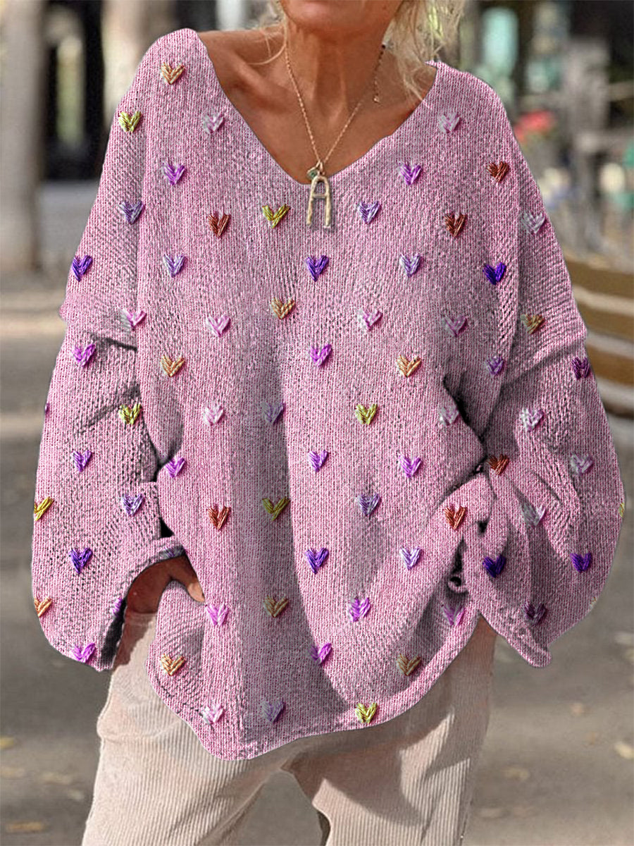 Yen Damski Sweter – Retro Boho Dziany Sweter z Dekoltem w Serek i Kwiatowym Wzorem na Jesienne Stylizacje