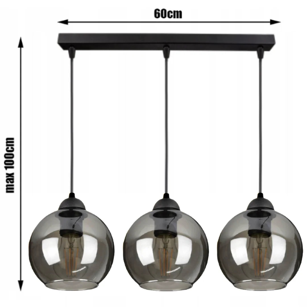 Lampa Wisząca 3-Punktowa Kule Szkło Dymione Czarna LED Salon Jadalnia Wyspa Prosta Belka