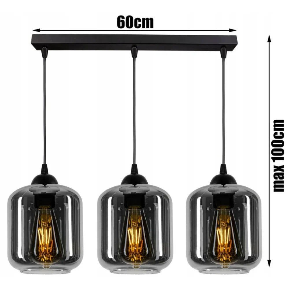 Lampa Wisząca Podłużna 3-Punktowa Szkło Dymione Czarna Nowoczesna LED Salon Kuchnia 60cm
