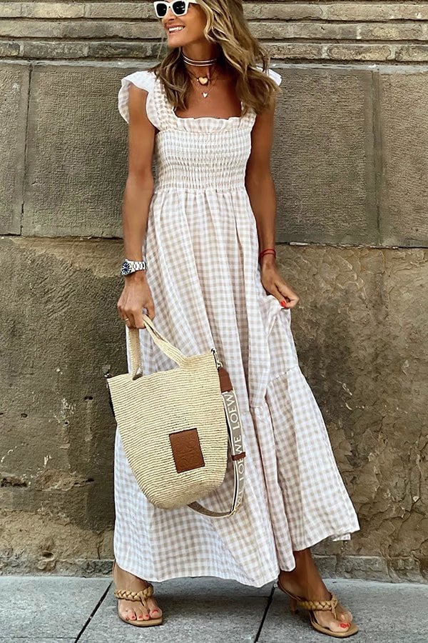 Rosie Sukienka Długa Damska – Elegancka Sukienka w Kratę na Co Dzień i na Weekend