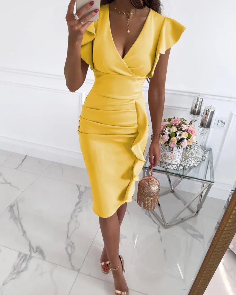 Elize Damska Sukienka Bodycon – Elegancka Sukienka z Rękawami Motylkowymi & Falbankami