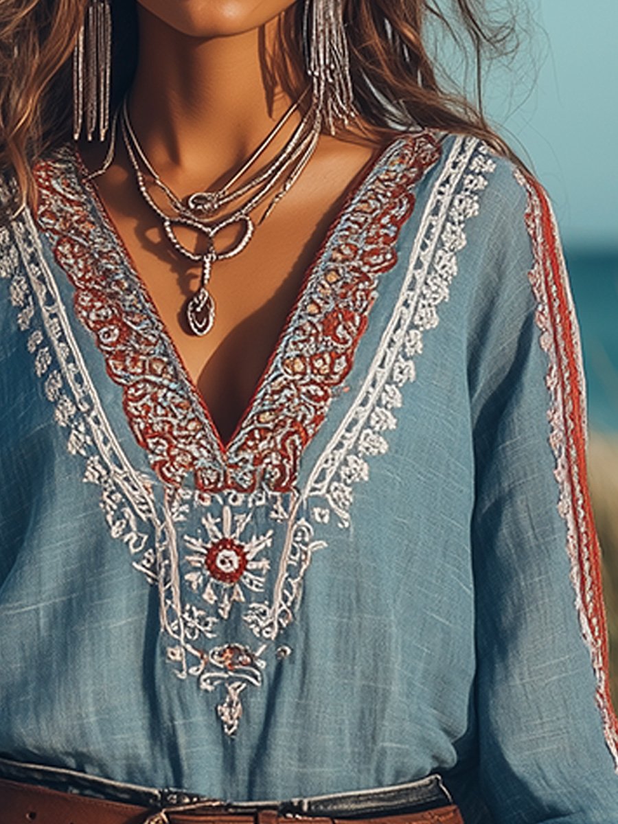 Eloise Damska Bluzka – Boho Koszula z Bawełny & Lnu ze Haftami & Dekoltem w Serek