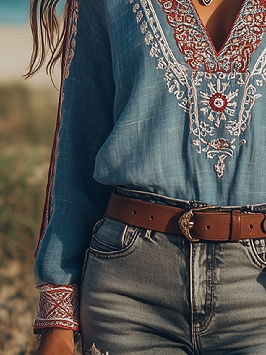 Eloise Damska Bluzka – Boho Koszula z Bawełny & Lnu ze Haftami & Dekoltem w Serek