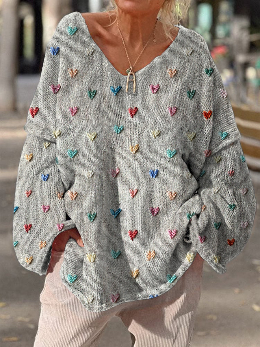 Yen Damski Sweter – Retro Boho Dziany Sweter z Dekoltem w Serek i Kwiatowym Wzorem na Jesienne Stylizacje