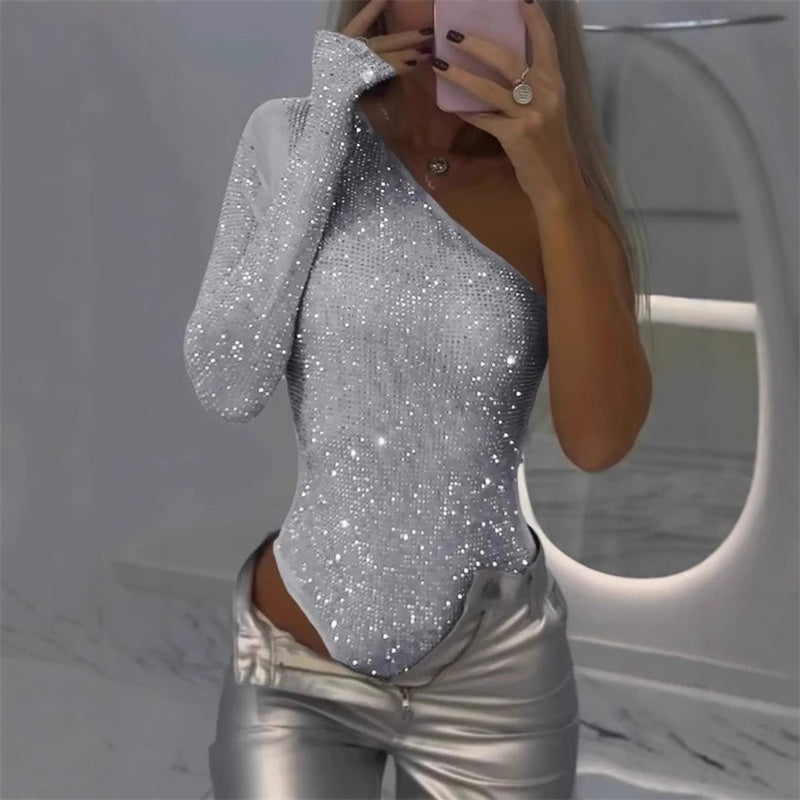 Emily Damskie Body – Asymetryczne Cekinowe Body z Błyszczącym Wykończeniem na Uroczyste Okazje