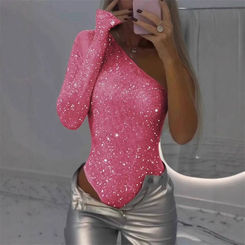 Emily Damskie Body – Asymetryczne Cekinowe Body z Błyszczącym Wykończeniem na Uroczyste Okazje