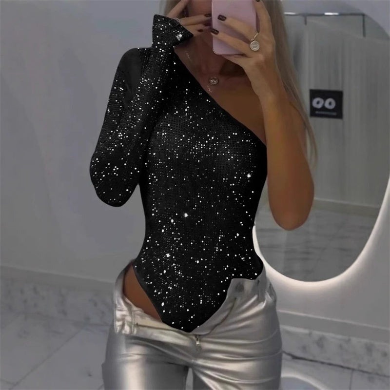 Emily Damskie Body – Asymetryczne Cekinowe Body z Błyszczącym Wykończeniem na Uroczyste Okazje