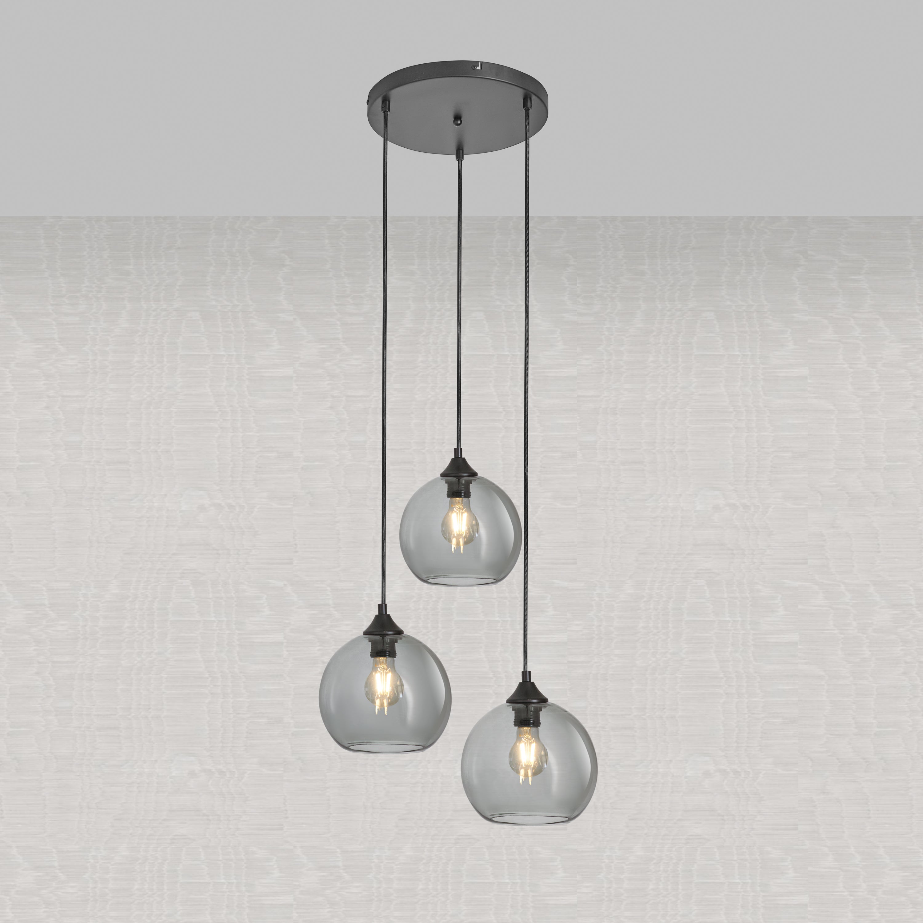 Lampa Wisząca 3-Punktowa Kule Szkło Dymione Czarna Industrialna Salon Jadalnia LED
