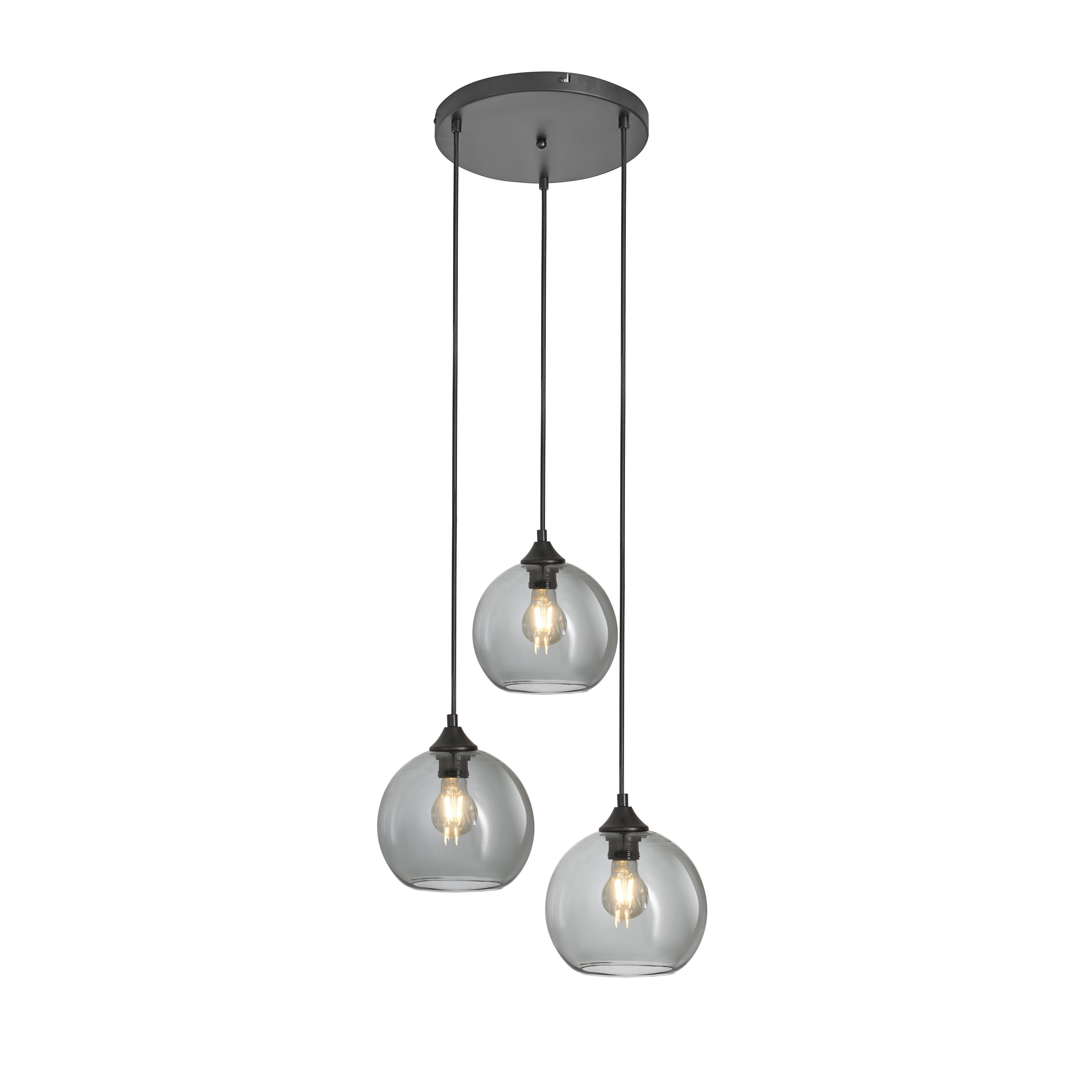 Lampa Wisząca 3-Punktowa Kule Szkło Dymione Czarna Industrialna Salon Jadalnia LED