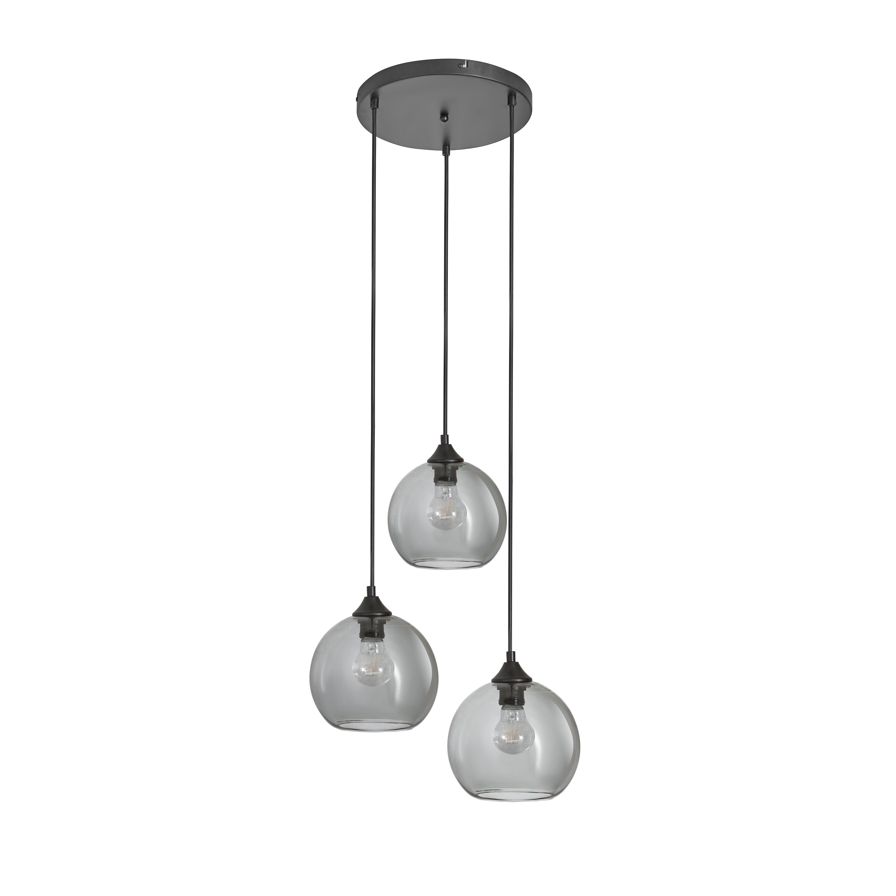 Lampa Wisząca 3-Punktowa Kule Szkło Dymione Czarna Industrialna Salon Jadalnia LED