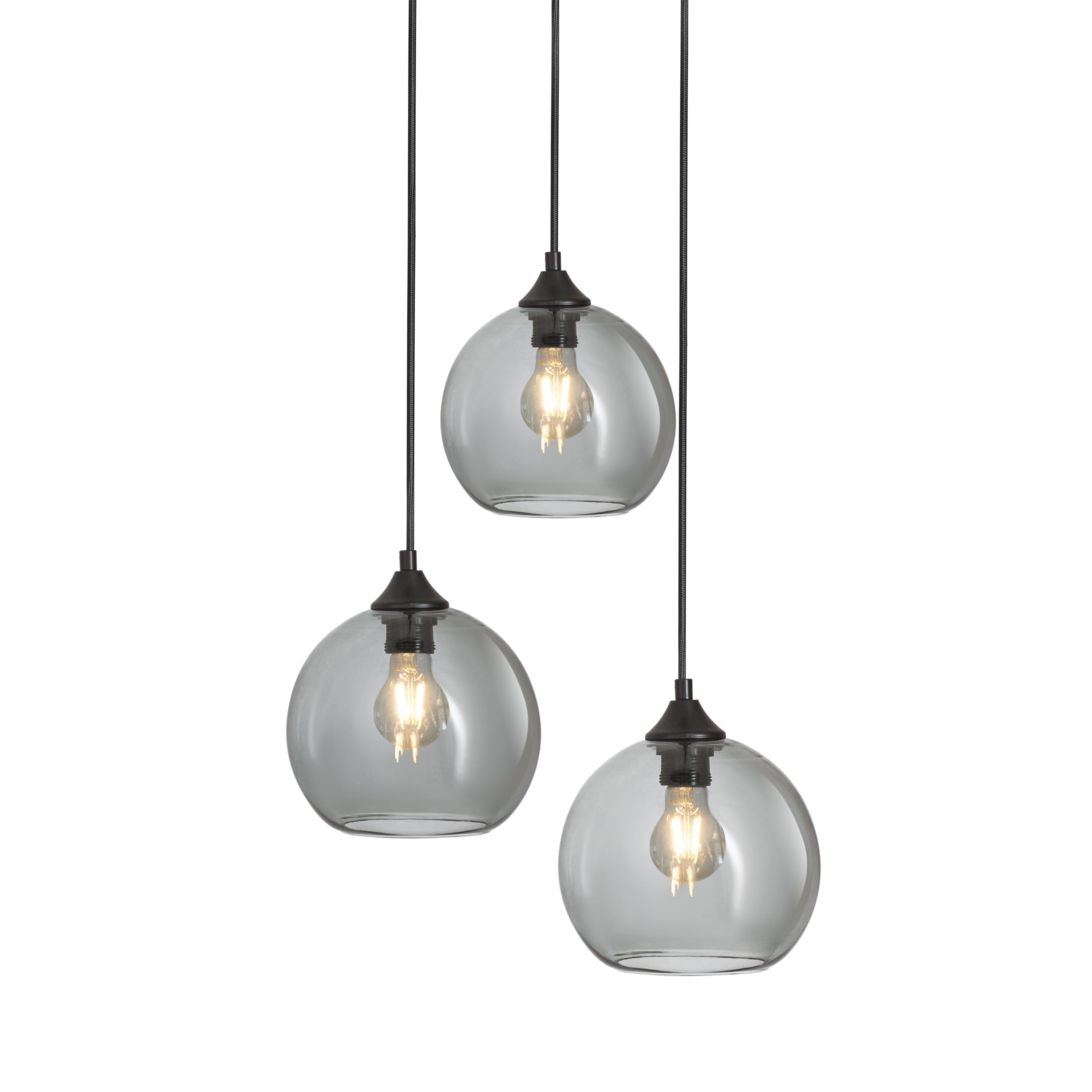 Lampa Wisząca 3-Punktowa Kule Szkło Dymione Czarna Industrialna Salon Jadalnia LED