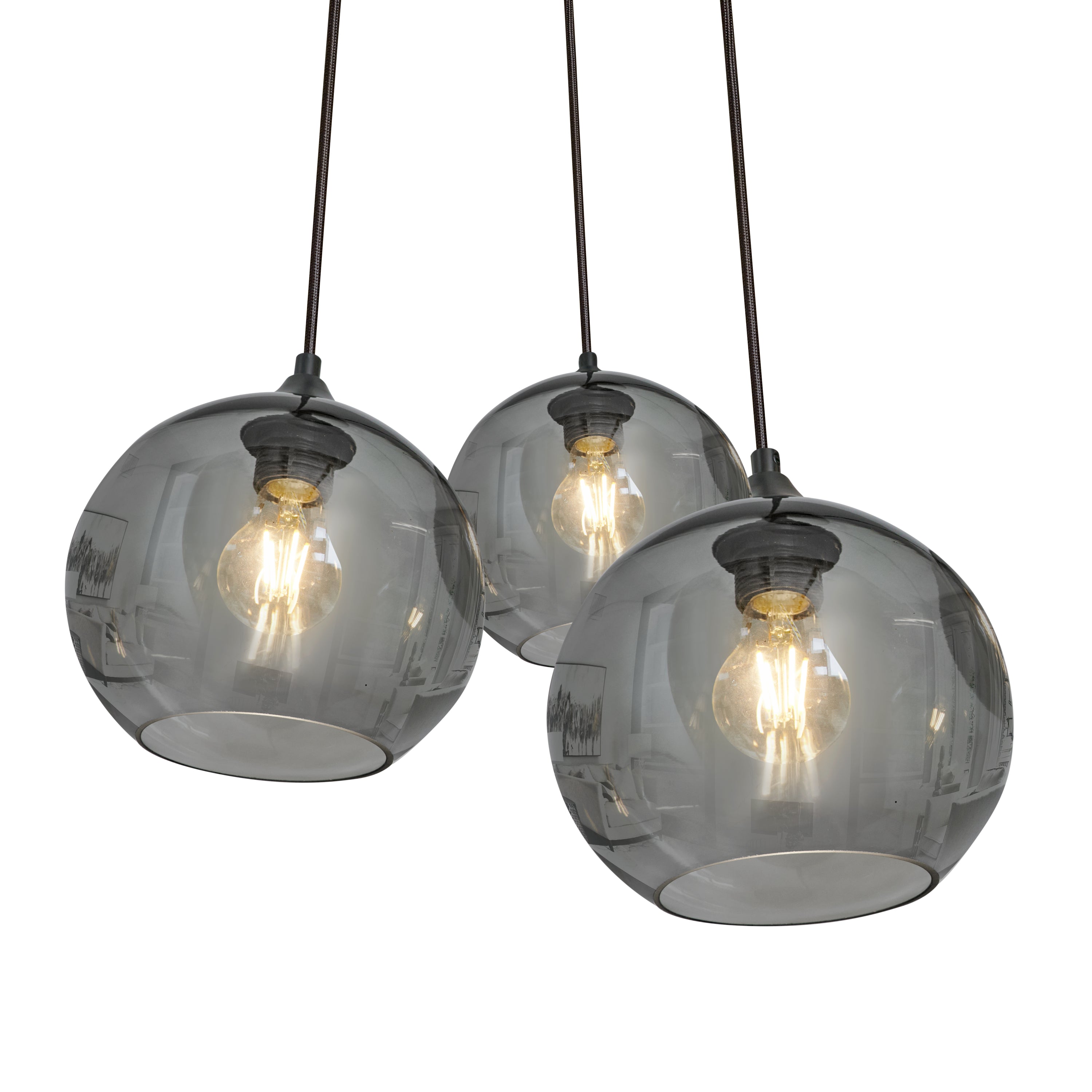 Lampa Wisząca 3-Punktowa Kule Szkło Dymione Czarna Industrialna Salon Jadalnia LED