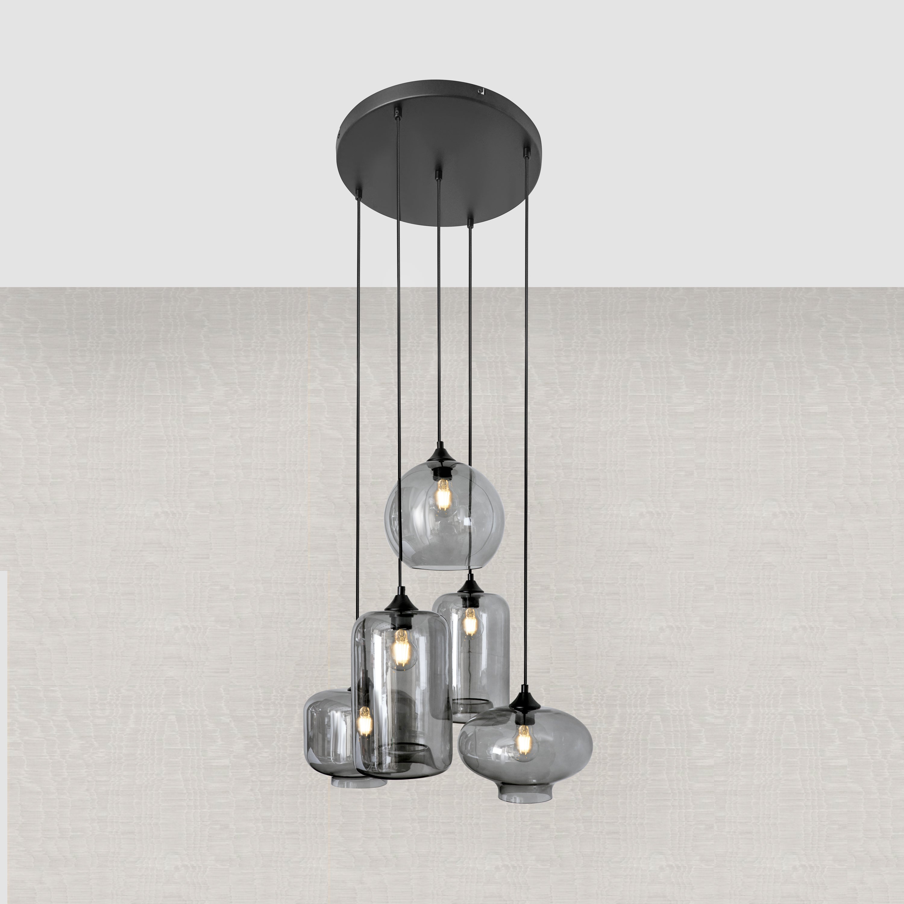 Lampa Wisząca 5-Punktowa Szklane Klosze Dymione Czarna Industrialna LED Salon Jadalnia
