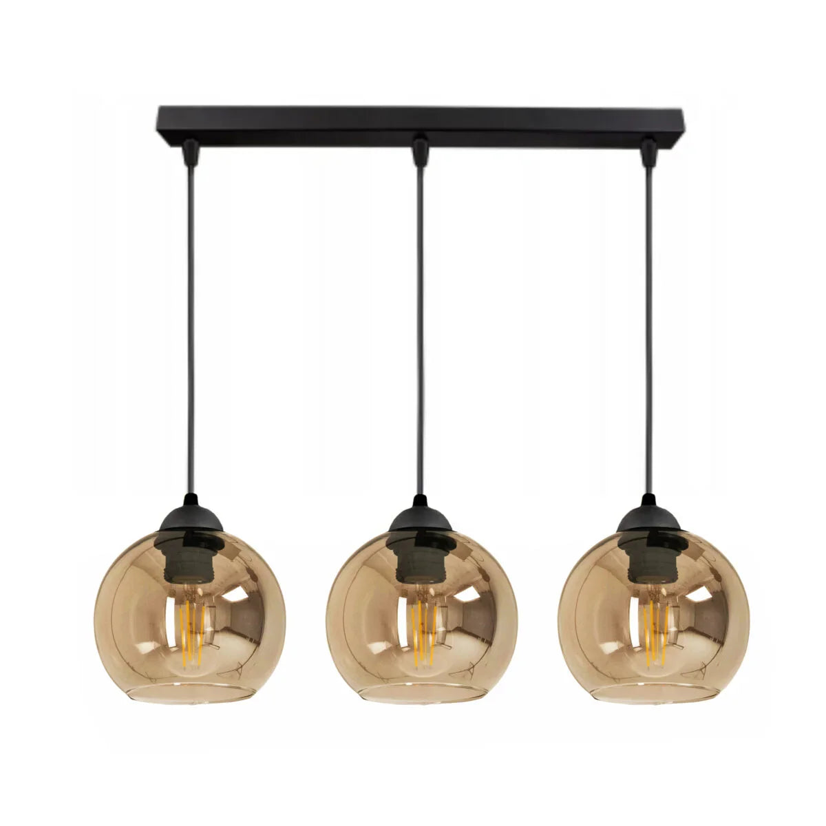 Lampa Wisząca Podłużna 3-Punktowa Szkło Bursztynowe Czarna Salon Jadalnia Nowoczesna LED