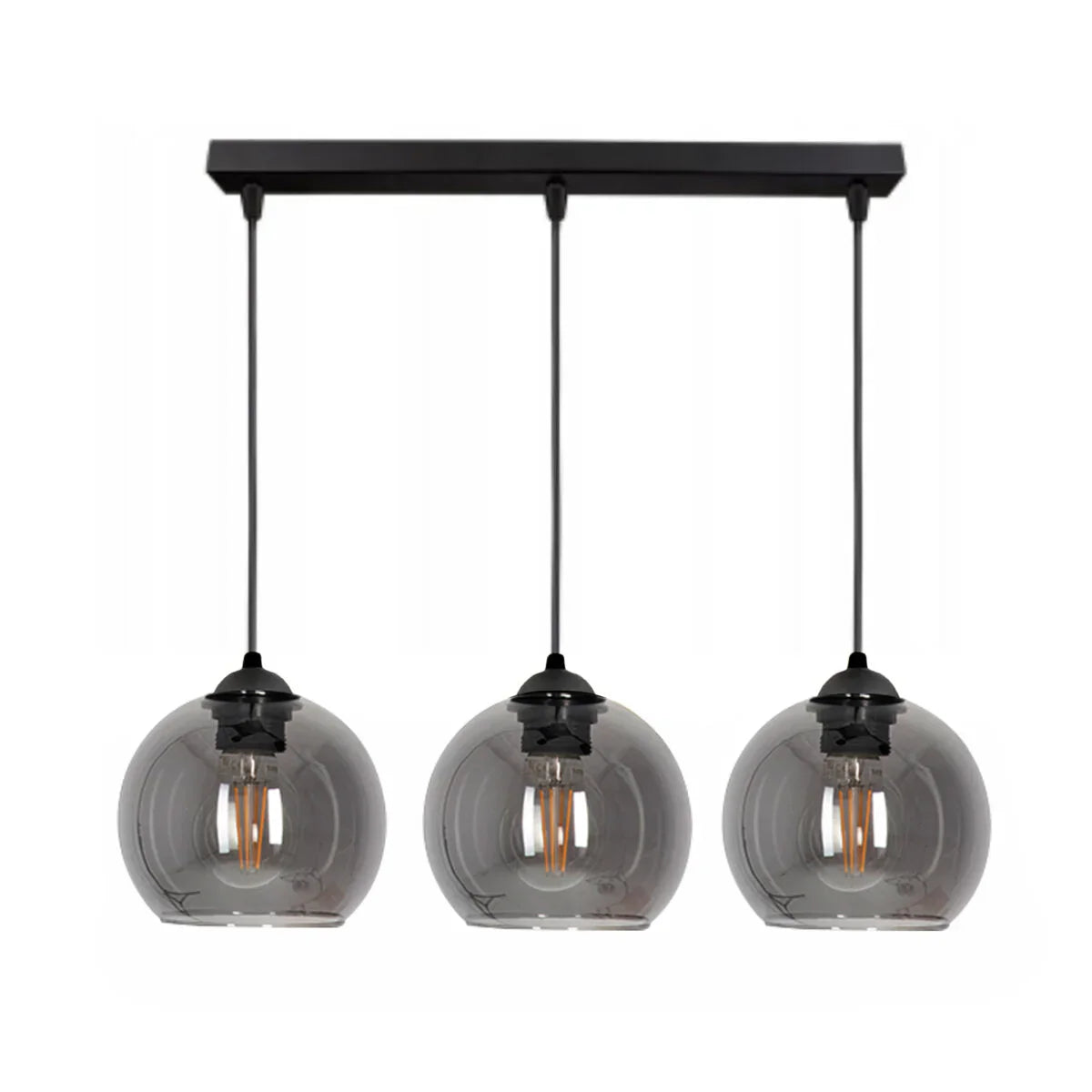 Lampa Wisząca 3-Punktowa Kule Szkło Dymione Czarna LED Salon Jadalnia Wyspa Prosta Belka