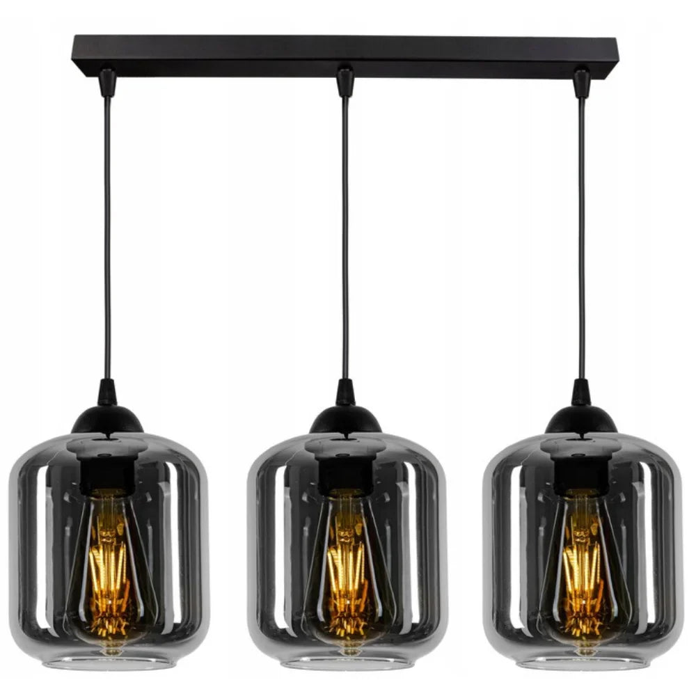 Lampa Wisząca Podłużna 3-Punktowa Szkło Dymione Czarna Nowoczesna LED Salon Kuchnia 60cm