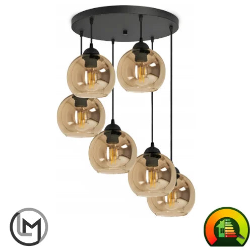 Lampa Wisząca 6-Punktowa Kule Szkło Bursztynowe Czarna Nowoczesna Salon Jadalnia LED