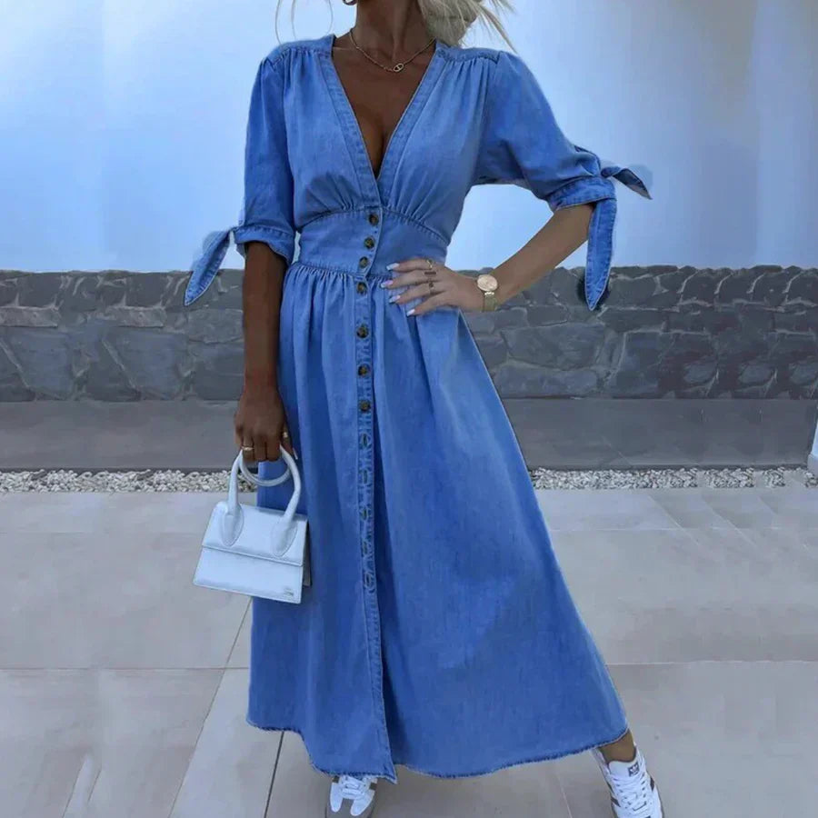 Alessia Długa Sukienka Damska – Elegancka Sukienka Jeansowa na Wiosnę i Lato w Stylu Casual